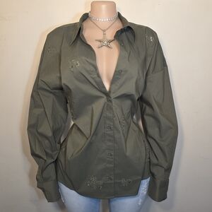 ☆Express Olive Green Button-Up Embroidered Shirt☆